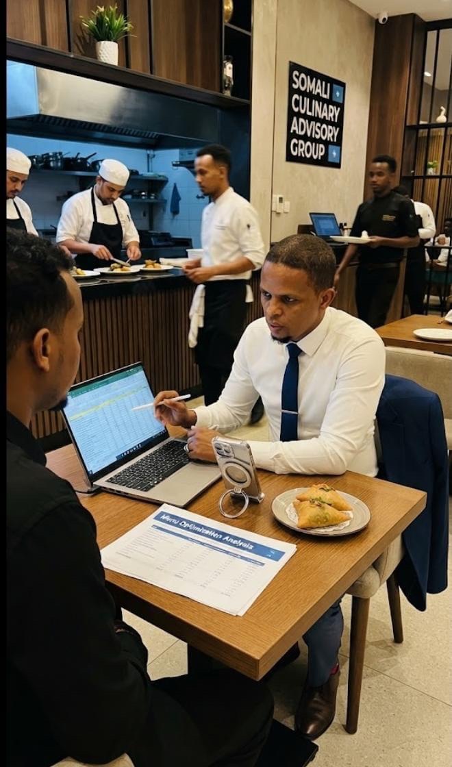 An RSG consultant reviewing a menu costing analysis with a restaurant's kitchen and floor team